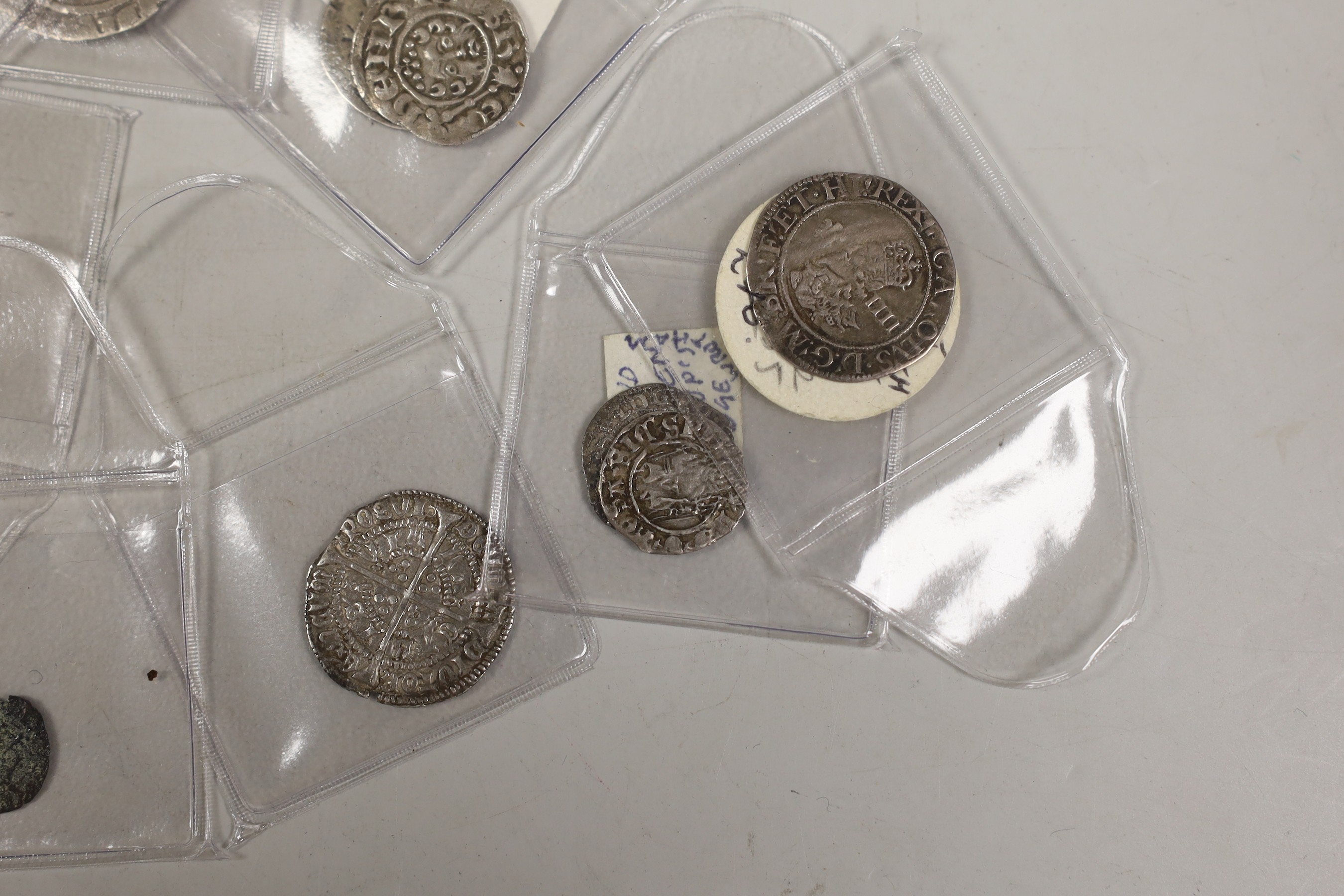 British hammered coinage, medieval to Stuart, including Edward I penny, two Henry III short cross coins, Henry III long cross coin, Henry VI halfgroat, Henry VII groat, three Elizabeth I sixpence 1569 and 1574, a Charles